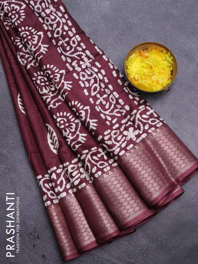 Semi dola saree wine shade with batik butta prints and zari woven border