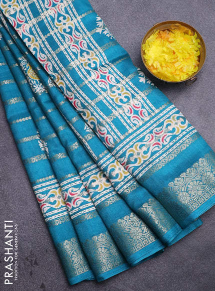 Semi dola saree teal blue with allover zari strips & butta prints and zari woven border