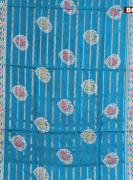 Semi dola saree teal blue with allover zari strips & butta prints and zari woven border