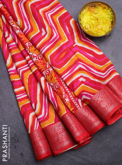 Semi dola saree multi colour and red with allover wavy prints and zari woven border