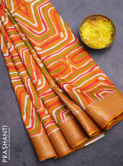 Semi dola saree multi colour and mustard yellow with allover wavy prints and zari woven border