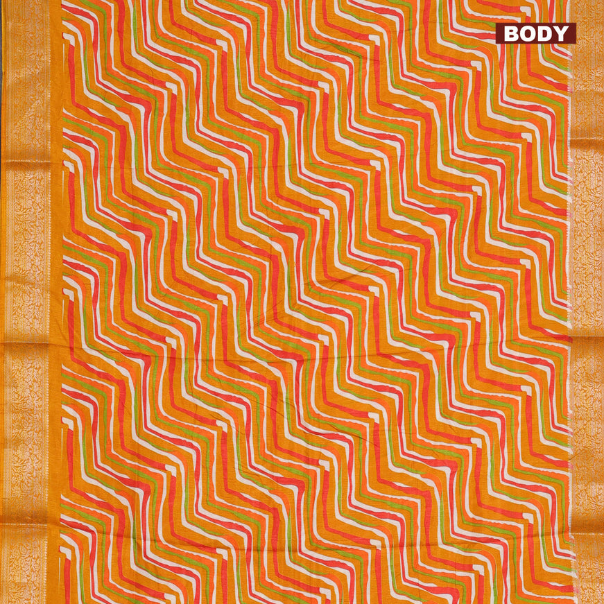 Semi dola saree multi colour and mustard yellow with allover wavy prints and zari woven border