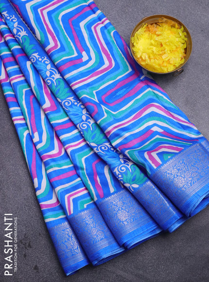 Semi dola saree multi colour and royal blue with allover wavy prints and zari woven border