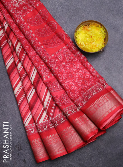 Semi dola saree multi colour and red with allover leheriya style pattern and zari woven border