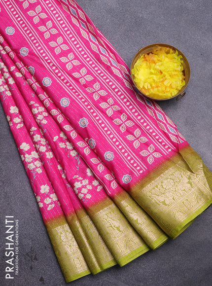 Semi dola saree pink and lime green with allover zari weaves & floral prints and zari woven border