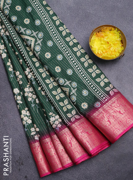 Semi dola saree green and pink with allover zari weaves & floral prints and zari woven border