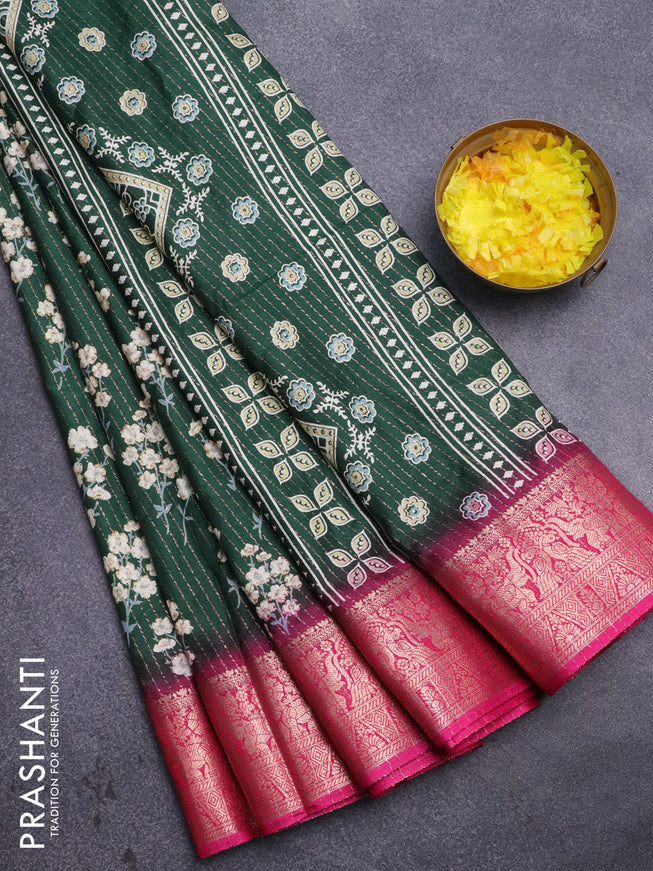 Semi dola saree green and pink with allover zari weaves & floral prints and zari woven border