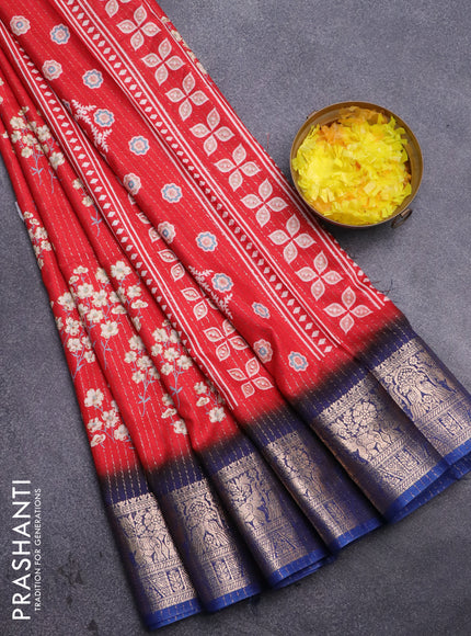 Semi dola saree red and blue with allover zari weaves & floral prints and zari woven border