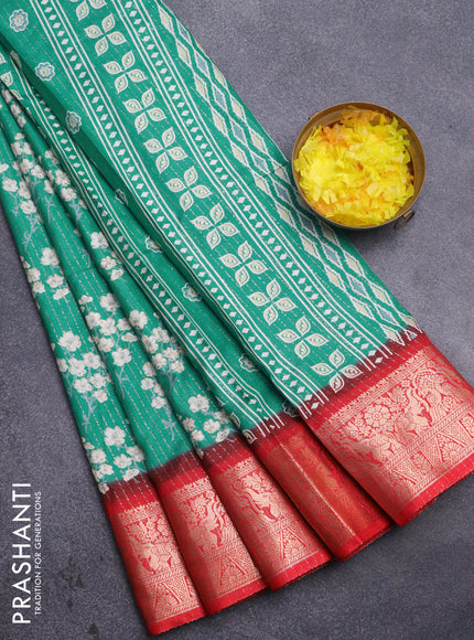 Semi dola saree teal green and red with allover zari weaves & floral prints and zari woven border