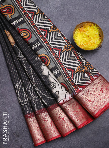 Semi dola saree black and maroon with allover zari weaves & butta prints and zari woven border