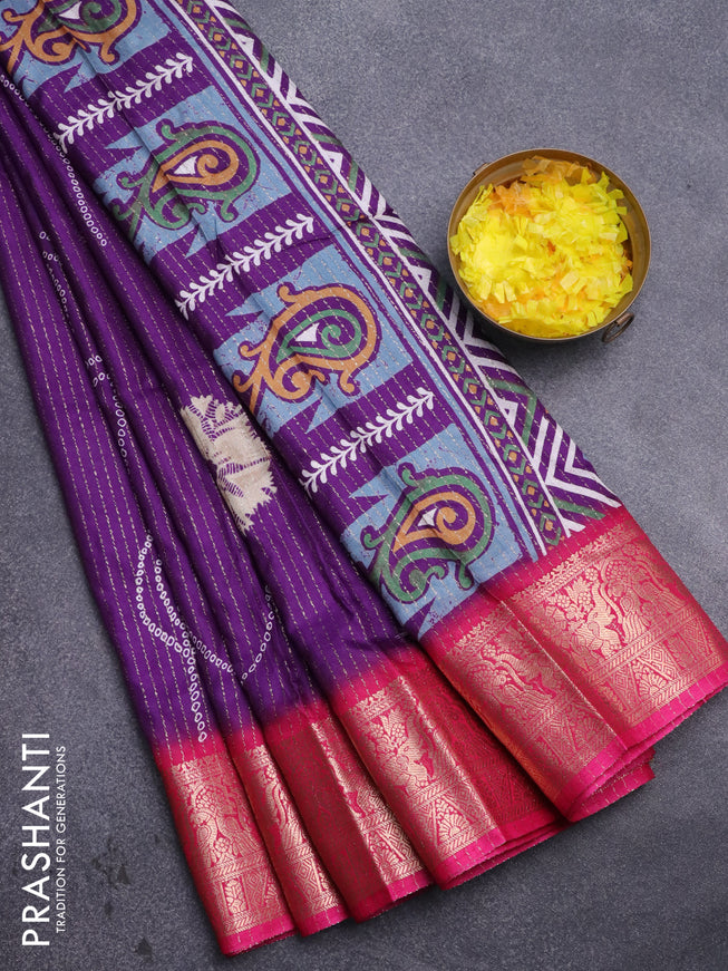 Semi dola saree violet and pink with allover zari weaves & butta prints and zari woven border