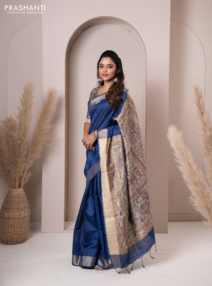 Semi tussar saree blue with plain body & madhubani printed pallu and zari woven border