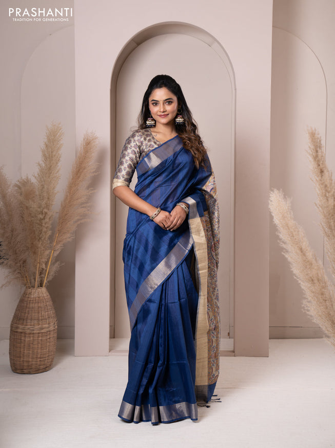 Semi tussar saree blue with plain body & madhubani printed pallu and zari woven border