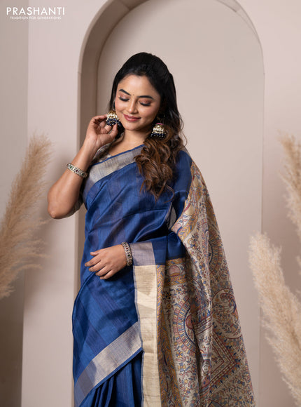 Semi tussar saree blue with plain body & madhubani printed pallu and zari woven border