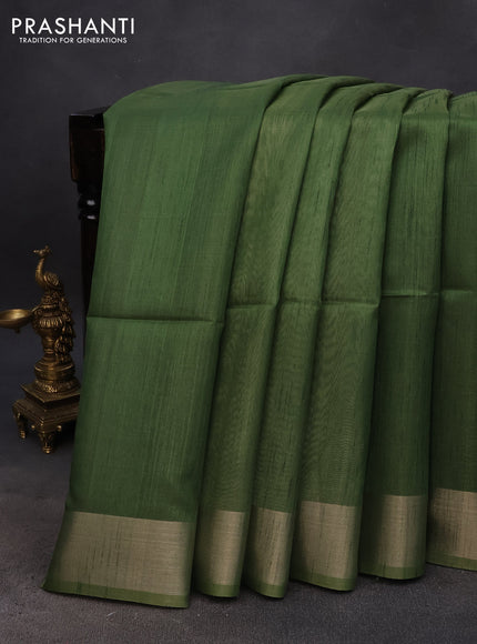 Semi tussar saree green with plain body & madhubani printed pallu and zari woven border