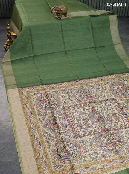 Semi tussar saree green with plain body & madhubani printed pallu and zari woven border