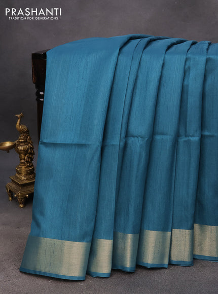 Semi tussar saree teal blue with plain body & madhubani printed pallu and zari woven border