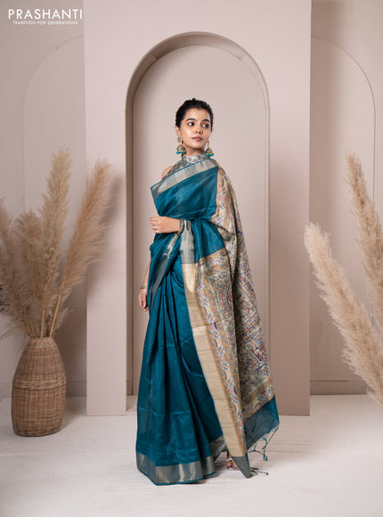 Semi tussar saree teal blue with plain body & madhubani printed pallu and zari woven border