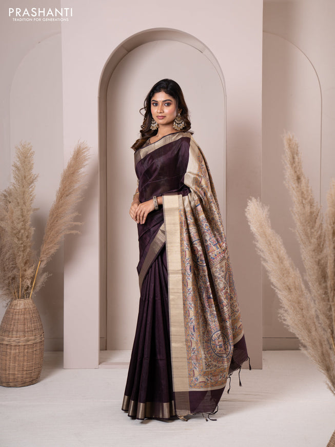 Semi tussar saree deep coffee brown with plain body & madhubani printed pallu and zari woven border