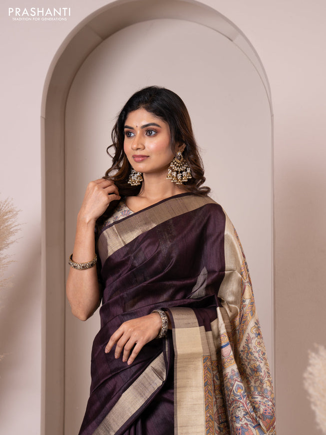 Semi tussar saree deep coffee brown with plain body & madhubani printed pallu and zari woven border