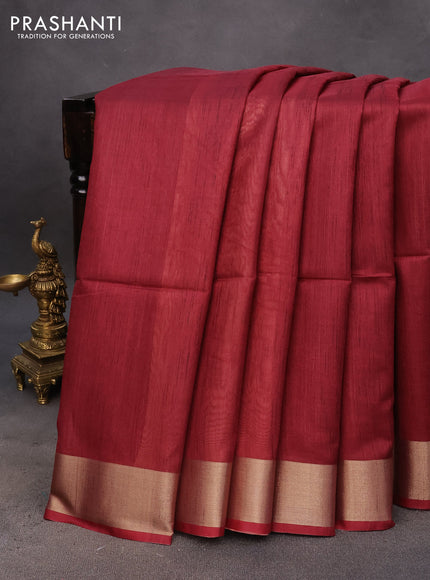 Semi tussar saree maroon with plain body & madhubani printed pallu and zari woven border