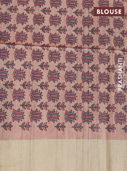 Semi tussar saree maroon with plain body & madhubani printed pallu and zari woven border