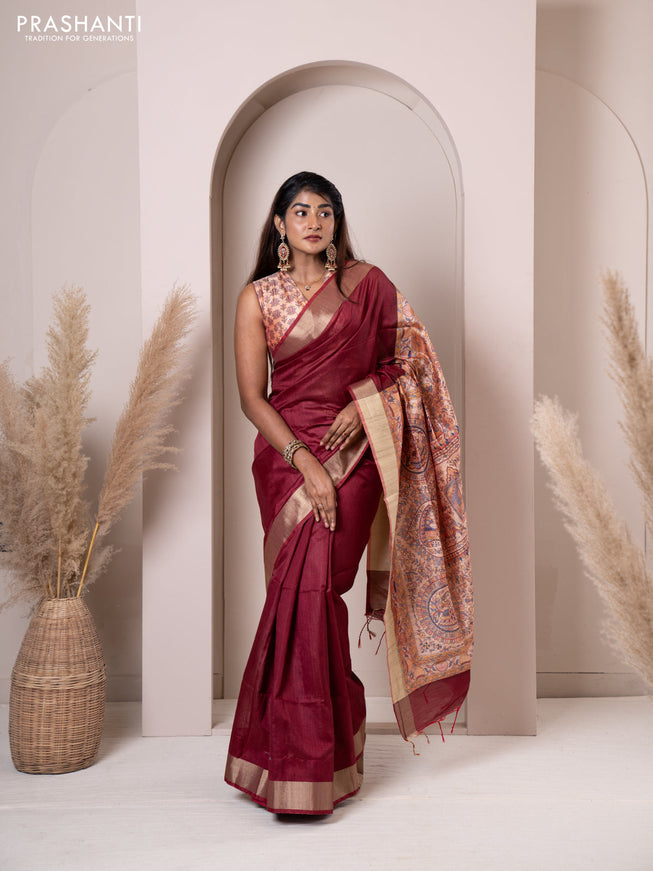 Semi tussar saree maroon with plain body & madhubani printed pallu and zari woven border