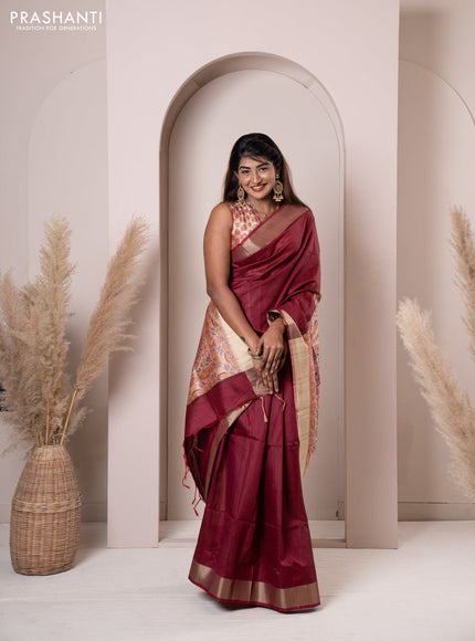 Semi tussar saree maroon with plain body & madhubani printed pallu and zari woven border