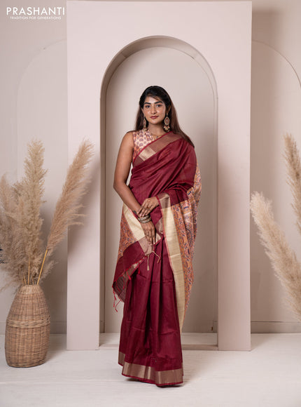 Semi tussar saree maroon with plain body & madhubani printed pallu and zari woven border