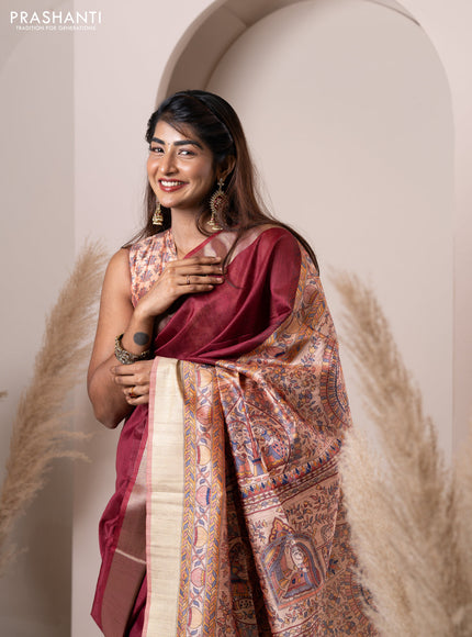 Semi tussar saree maroon with plain body & madhubani printed pallu and zari woven border