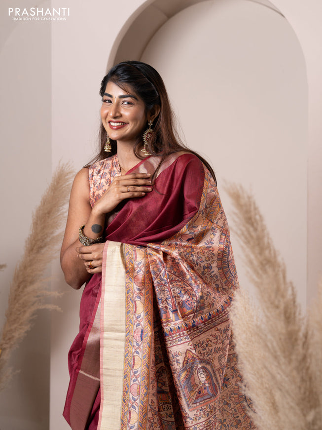 Semi tussar saree maroon with plain body & madhubani printed pallu and zari woven border