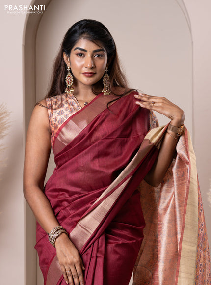 Semi tussar saree maroon with plain body & madhubani printed pallu and zari woven border