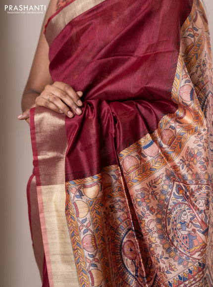 Semi tussar saree maroon with plain body & madhubani printed pallu and zari woven border