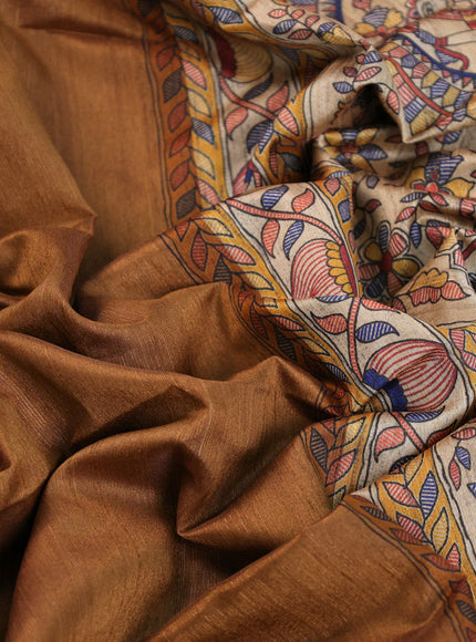 Semi tussar saree brown shade with plain body & madhubani printed pallu and zari woven border