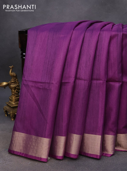 Semi tussar saree dark purple with plain body & madhubani printed pallu and zari woven border