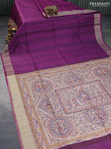 Semi tussar saree dark purple with plain body & madhubani printed pallu and zari woven border