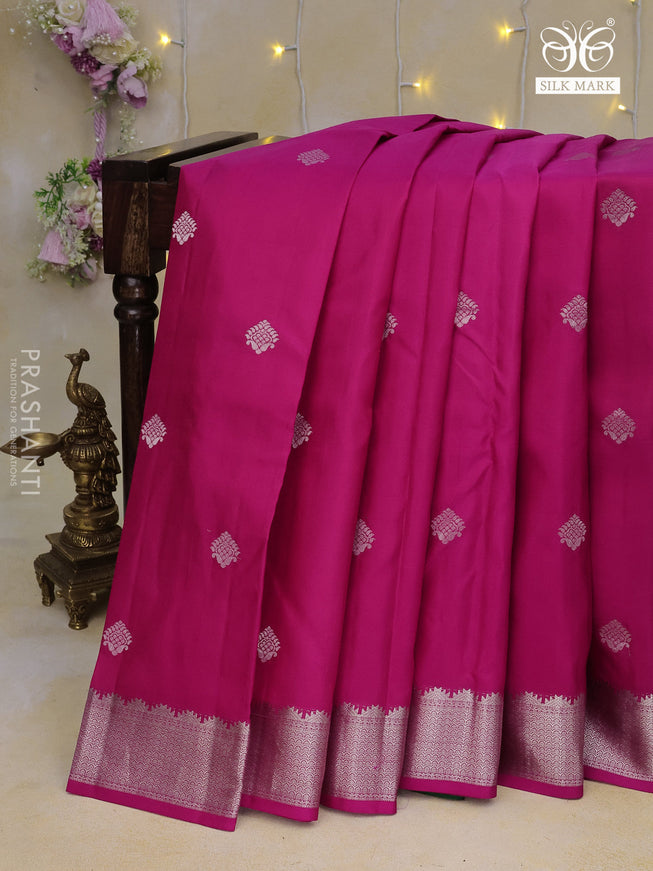 Pure kanchipuram silk saree pink and green with silver zari woven buttas and silver zari woven border