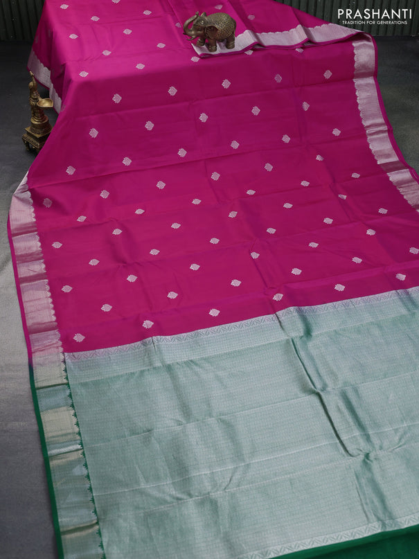 Pure kanchipuram silk saree pink and green with silver zari woven buttas and silver zari woven border