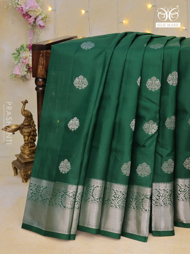 Pure kanchipuram silk saree green and maroon with silver zari woven buttas and silver zari woven border