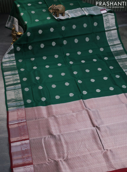 Pure kanchipuram silk saree green and maroon with silver zari woven buttas and silver zari woven border