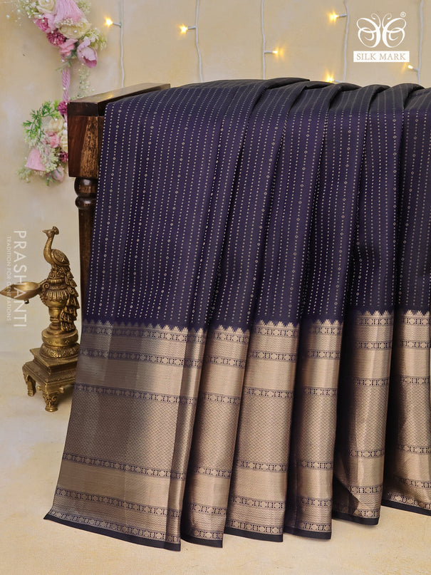 Pure kanchipuram silk saree dark blue with allover silver zari weaves and long zari woven border