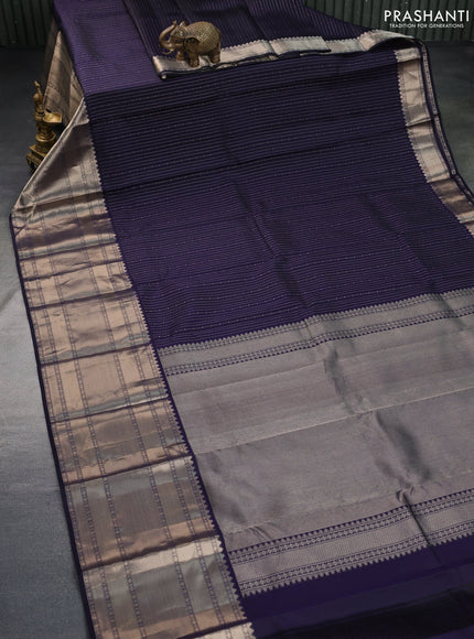 Pure kanchipuram silk saree dark blue with allover silver zari weaves and long zari woven border