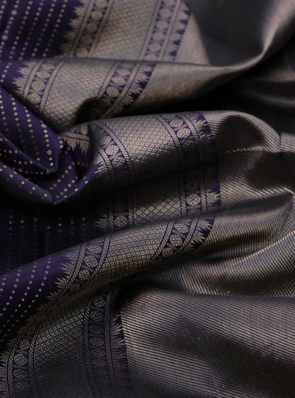 Pure kanchipuram silk saree dark blue with allover silver zari weaves and long zari woven border