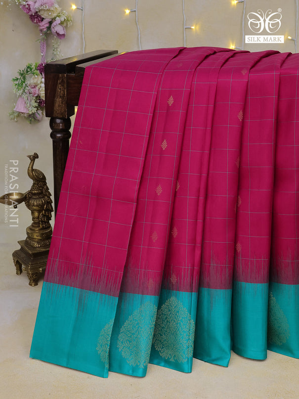 Pure kanchipuram silk saree pink and teal green with allover checked pattern & zari buttas and zari woven butta border