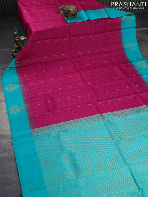 Pure kanchipuram silk saree pink and teal green with allover checked pattern & zari buttas and zari woven butta border