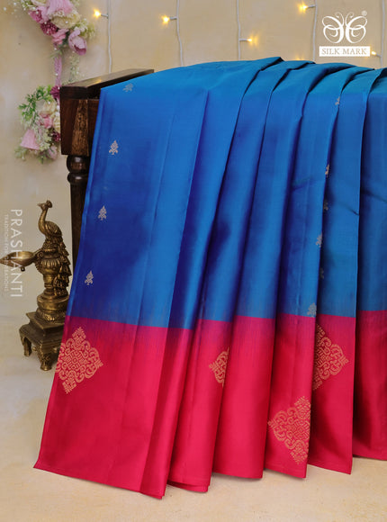 Pure kanchipuram silk saree cs blue and pink with zari woven buttas and zari woven butta border