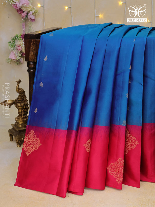 Pure kanchipuram silk saree cs blue and pink with zari woven buttas and zari woven butta border