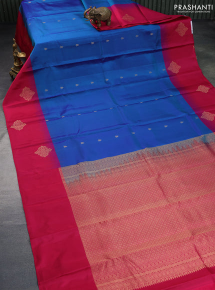 Pure kanchipuram silk saree cs blue and pink with zari woven buttas and zari woven butta border