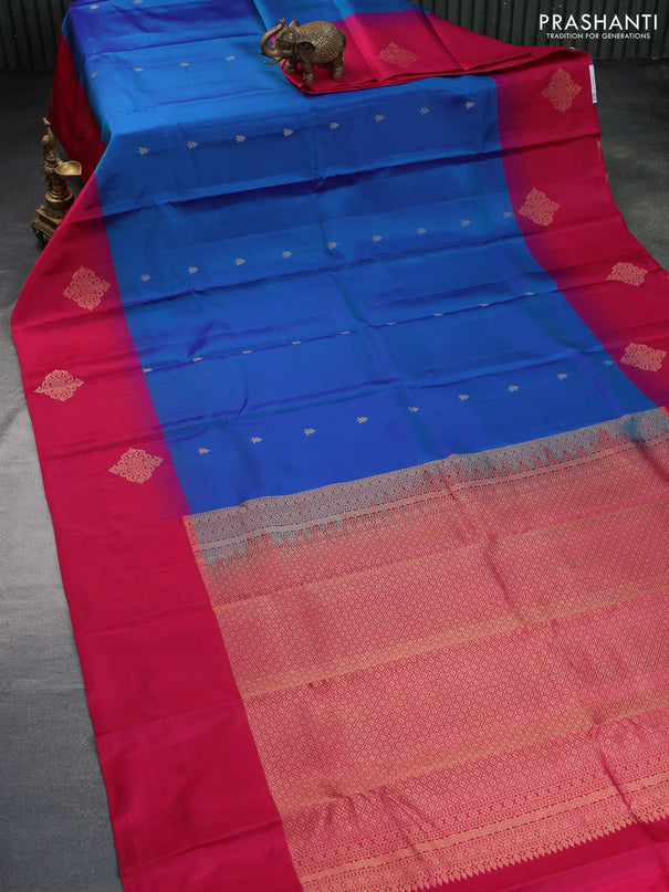 Pure kanchipuram silk saree cs blue and pink with zari woven buttas and zari woven butta border