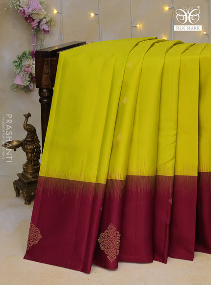 Pure kanchipuram silk saree lime yellow and maroon with zari woven buttas and zari woven butta border